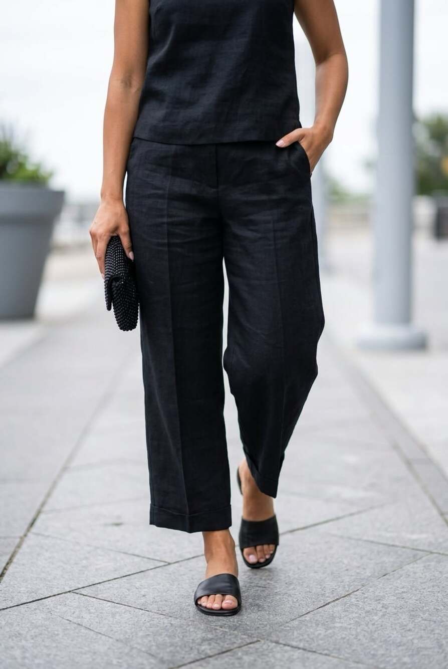 Uniform John Paul Richard 100% Linen Wide Leg Cuffed Trousers Size 14